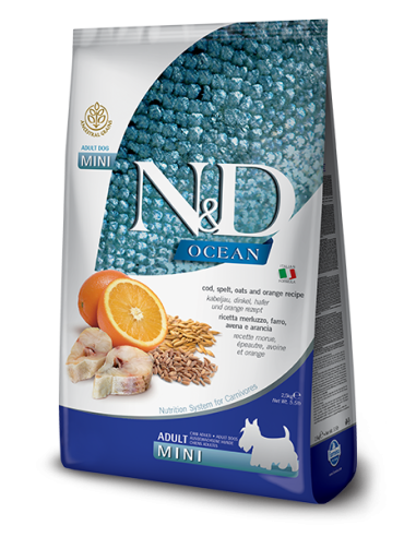 Farmina N&D Ocean Adult Mini Cod, Spelt, Oats & Orange 2,5kg.